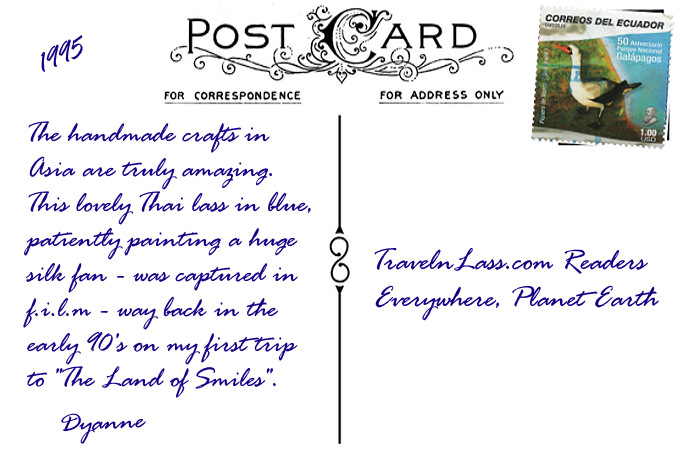 Foto Flip Friday October 2014 Theme: BLUE - Thailand Blue Silk Umbrellas Postcard photo Back