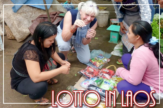 Foto Flip Friday February 2015 Theme: Markets - Playing Lotto in a Laos Market Postcard photo Front
