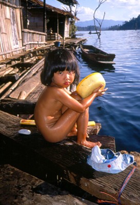 Bath time for a wee lass in a floating village in Thailand