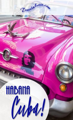 Havana, Cuba - cherry pink convertible with Che Guevara decal.