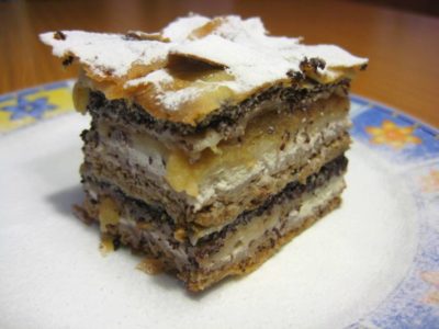Slovenian Prekmurska Gibanica, a type of Slovenian layered cake that contains poppy seeds, walnuts, apples, raisins and ricotta fillings.