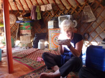 Sipping Yak milk tea in a Mongolian yurt