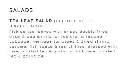 Lahpet restaurant tea leaf salad menu
