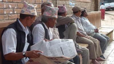 BhaktapurMenOnBench678x383 (First Impressions:  Nepal)