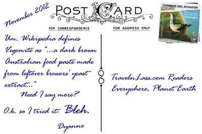 VegemiteAustraliaPostcardBACK (Foto Flip Friday –  November Theme:  “Travel Eats” (Week 4))