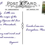 DjemmaElFnaMarketMarrakechMoroccoPostcardBACK (Foto Flip Friday –  February Theme:  “MARKETS” (Week 4))