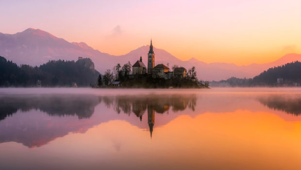 Sunrise view of Our Lady of the Lake, Bled, Slovenia.