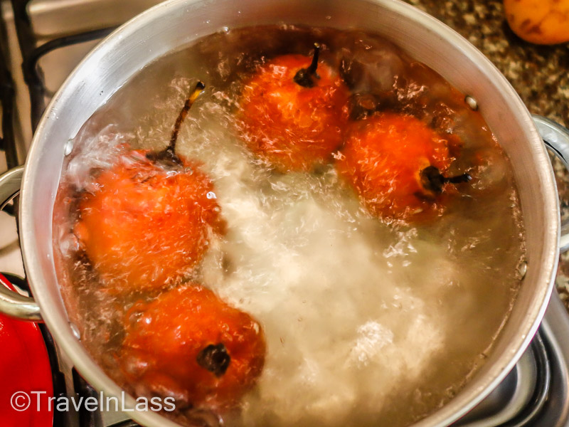 Briefly submerge the tomatillos in boiling water to aid in peeling them.