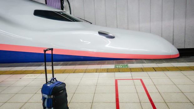 My trusty "rollie" gets its first spin on a Japanese "bullet" train.