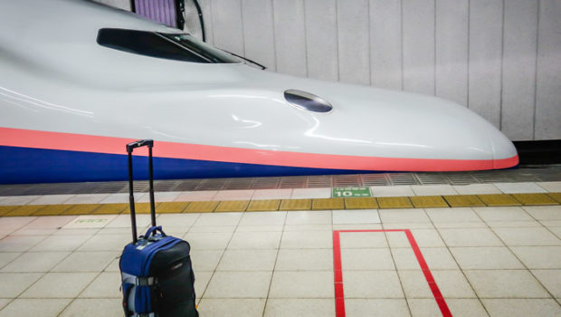 My trusty "rollie" gets its first spin on a Japanese "bullet" train.