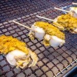 Scewered scallops topped with sea eggs (Japan Adventures: Tokyo – Tsukiji Fish Market)