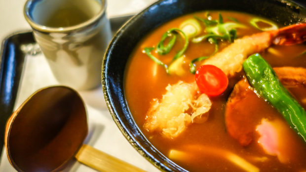 A most welcome break from the crowds: a steaming bowl of udon curry topped with a huge shrimp tempura.