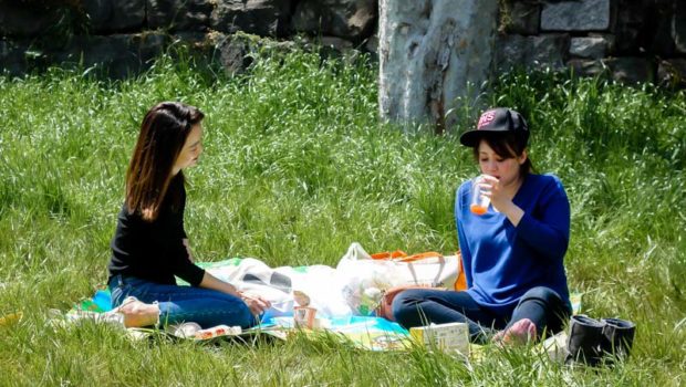Two Japanese lasses enjoying a "hanami" picnic
