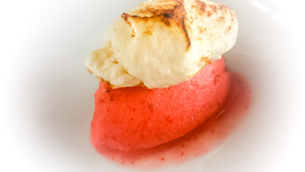 Lemon-strawberry granita and honey meringue coconut shell